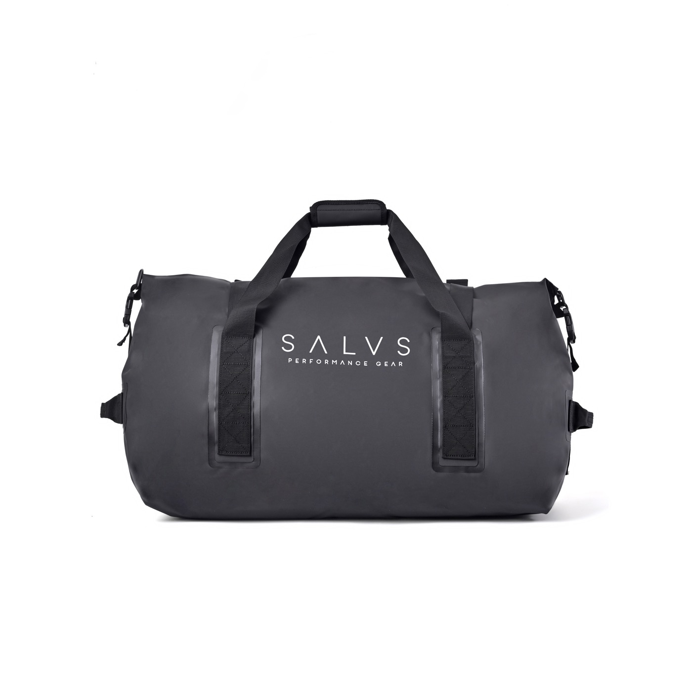 Black SALVS 60L roll-top duffel, front view