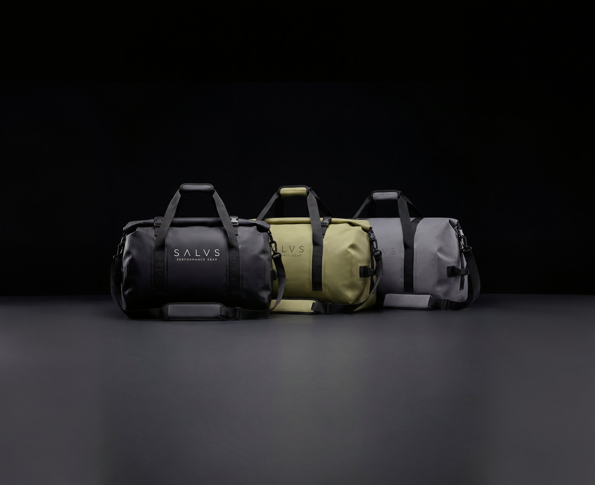 Black, olive, and grey SALVS 60L duffels.
