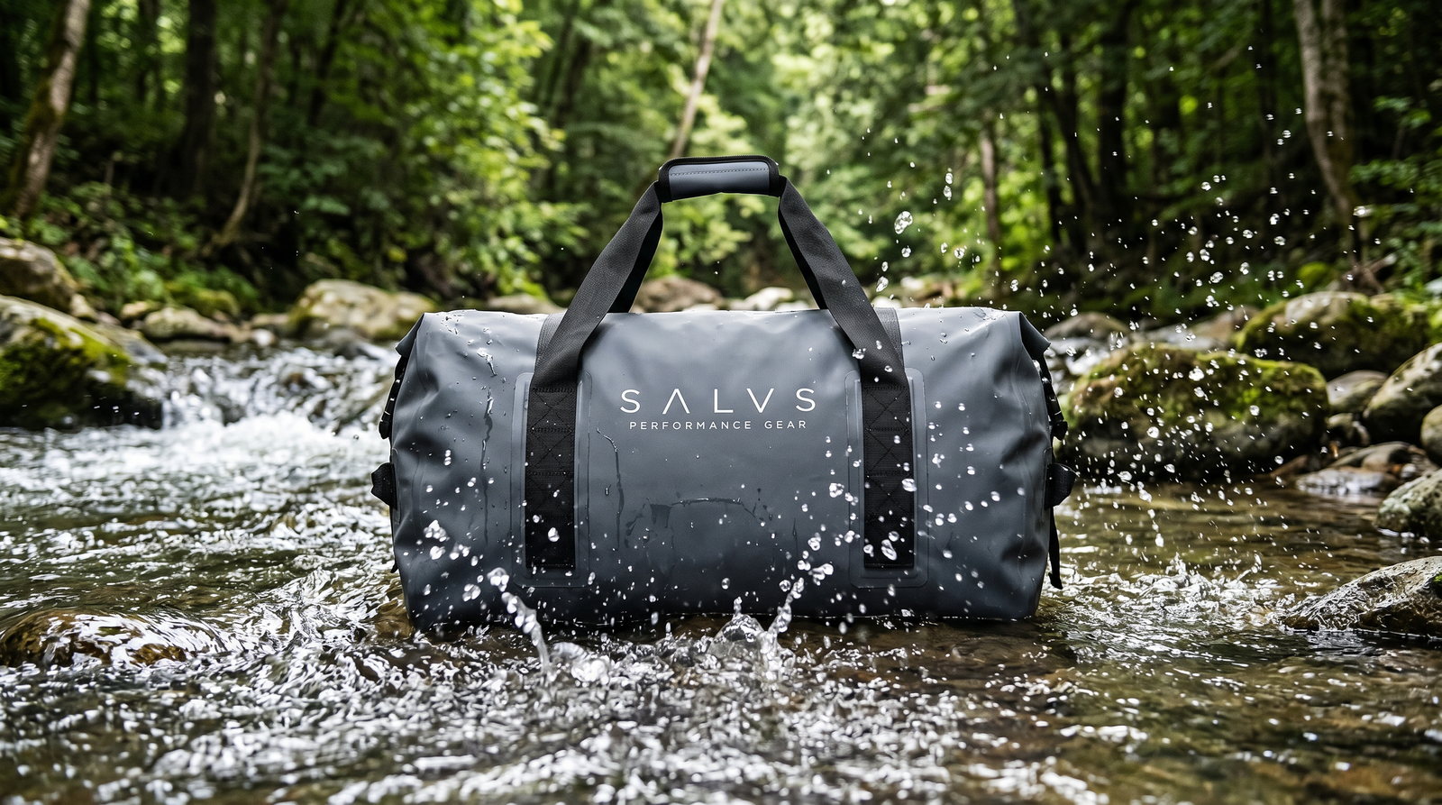 SALVS 60L duffel in a rocky forest stream, water splashing around the bag.